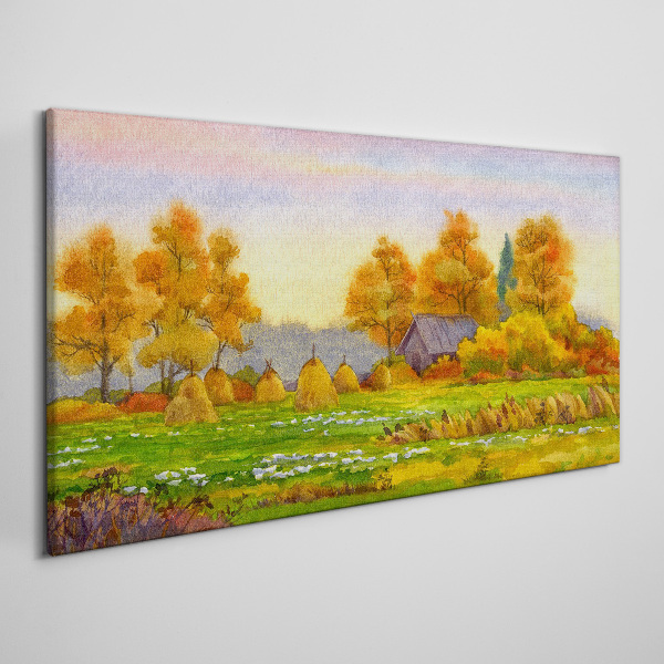 Obraz Canvas Jesenná dedina so sadom a stohy