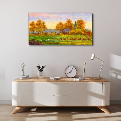 Obraz Canvas Jesenná dedina so sadom a stohy