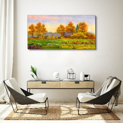 Obraz Canvas Jesenná dedina so sadom a stohy