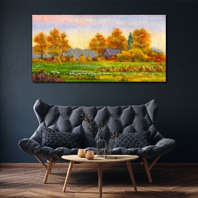 Obraz Canvas Jesenná dedina so sadom a stohy