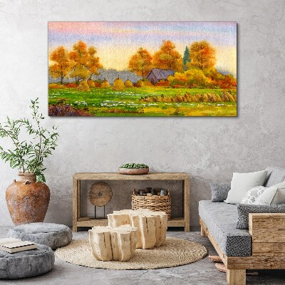 Obraz Canvas Jesenná dedina so sadom a stohy