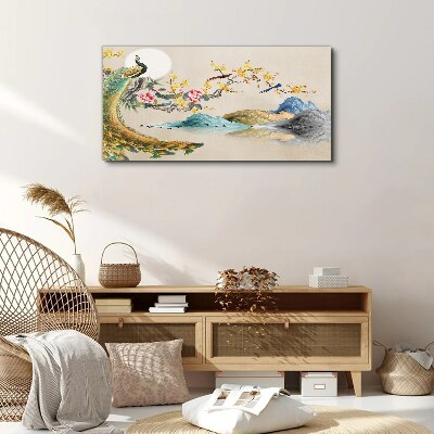 Obraz canvas Abstrakcia hory páv kvety