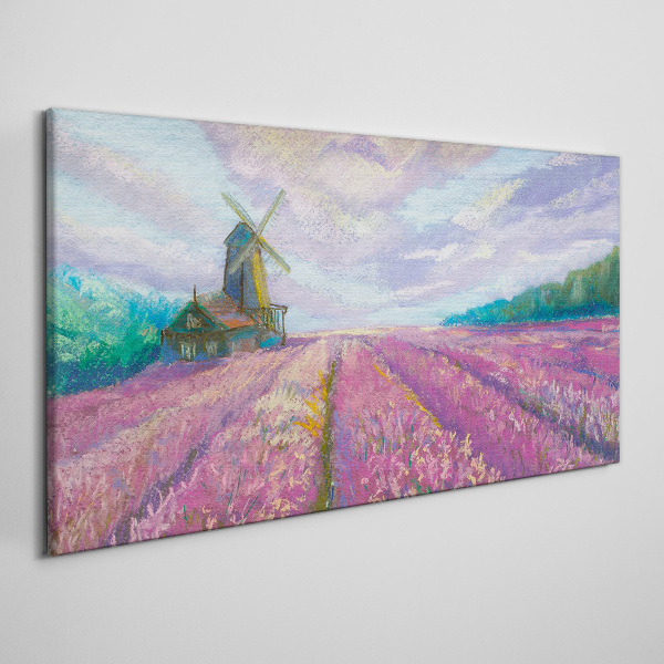 Obraz canvas Kvetinová krajina s veterným mlynom