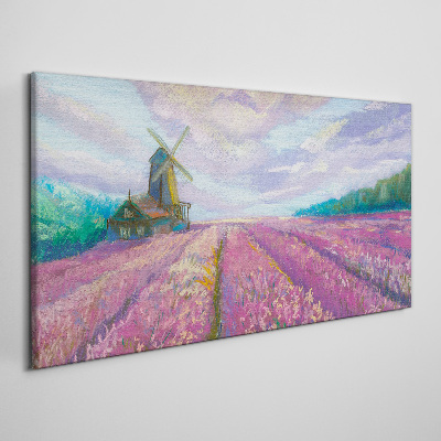 Obraz canvas Kvetinová krajina s veterným mlynom