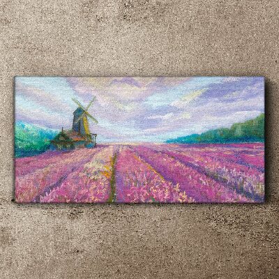 Obraz canvas Kvetinová krajina s veterným mlynom