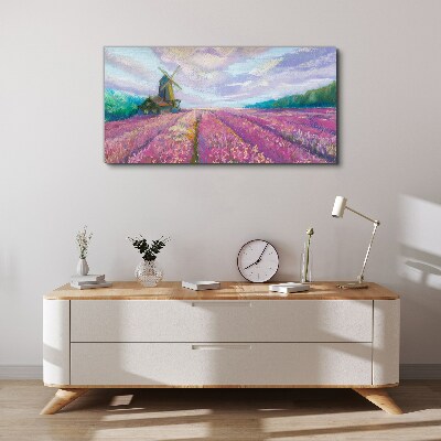 Obraz canvas Kvetinová krajina s veterným mlynom