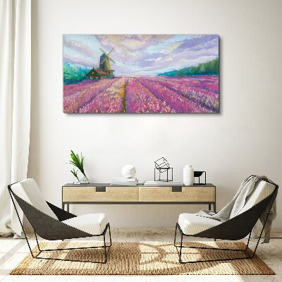 Obraz canvas Kvetinová krajina s veterným mlynom