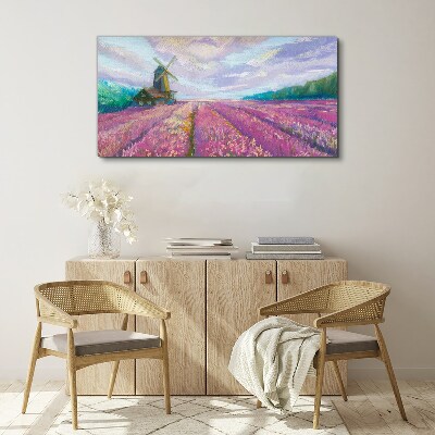 Obraz canvas Kvetinová krajina s veterným mlynom