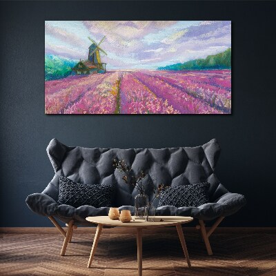 Obraz canvas Kvetinová krajina s veterným mlynom