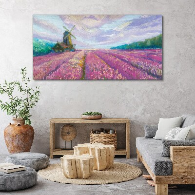 Obraz canvas Kvetinová krajina s veterným mlynom