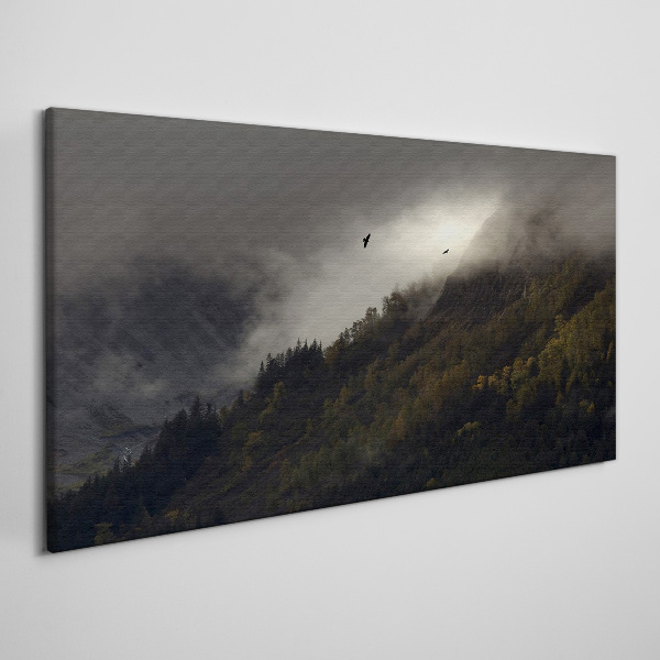 Obraz Canvas Zahmlená horská panoráma s vtákmi