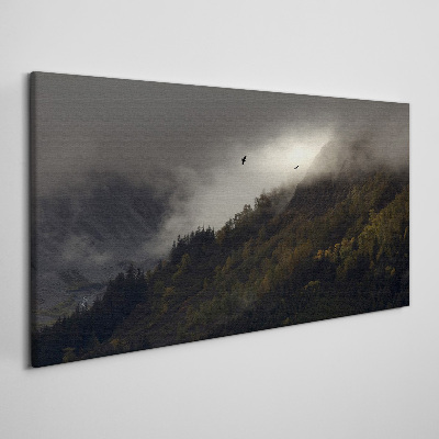 Obraz Canvas Zahmlená horská panoráma s vtákmi
