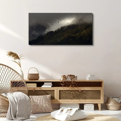 Obraz Canvas Zahmlená horská panoráma s vtákmi