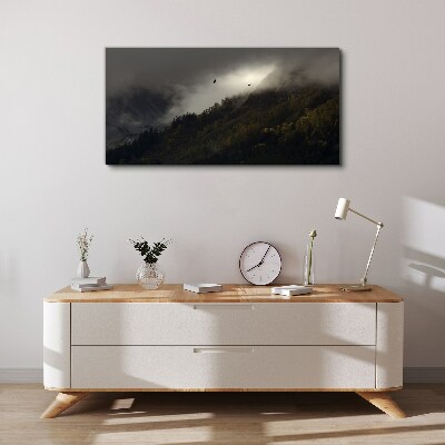 Obraz Canvas Zahmlená horská panoráma s vtákmi