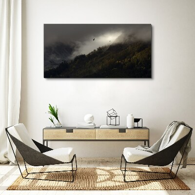 Obraz Canvas Zahmlená horská panoráma s vtákmi