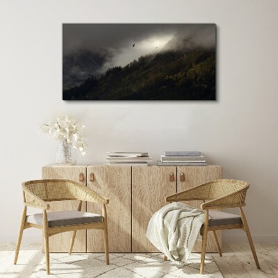 Obraz Canvas Zahmlená horská panoráma s vtákmi