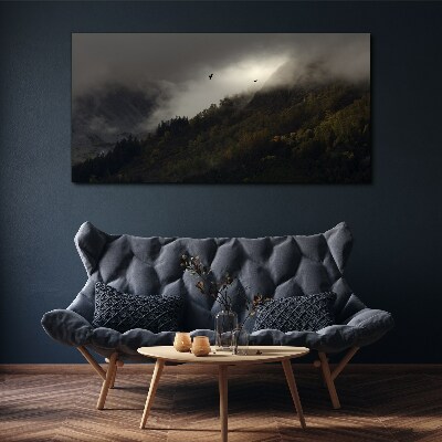 Obraz Canvas Zahmlená horská panoráma s vtákmi