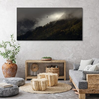 Obraz Canvas Zahmlená horská panoráma s vtákmi