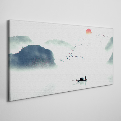 Obraz canvas Lake Mountain Hmla vtáky