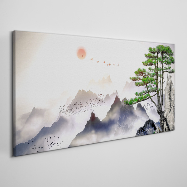 Obraz canvas Hory a vtáky v rannom svetle