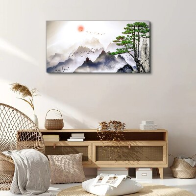 Obraz canvas Horské hmly slnko strom