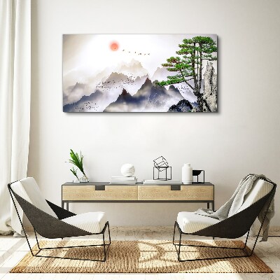 Obraz canvas Hory a vtáky v rannom svetle
