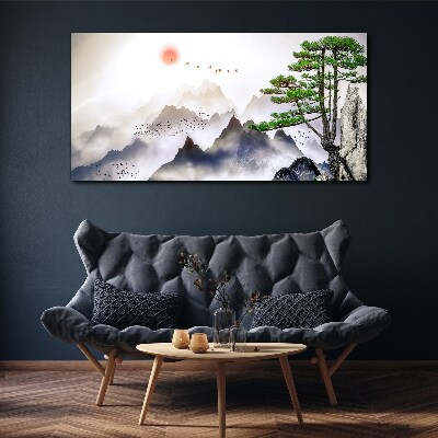 Obraz canvas Horské hmly slnko strom