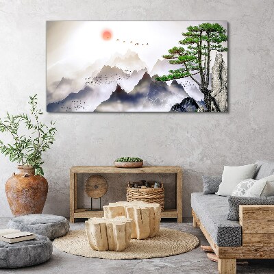 Obraz canvas Hory a vtáky v rannom svetle