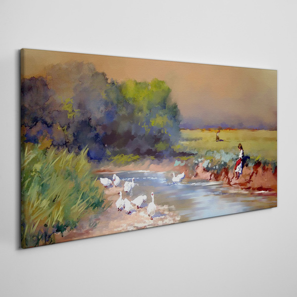 Obraz Canvas Pokojná krajina s kačicami pri rieke