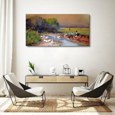 Obraz Canvas Pokojná krajina s kačicami pri rieke