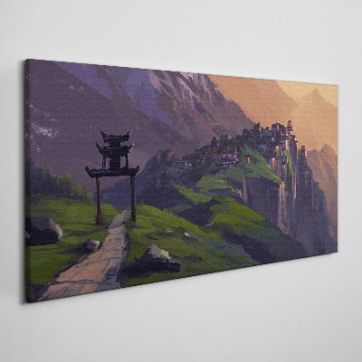 Obraz Canvas Zahmlená horská krajina s pagodou