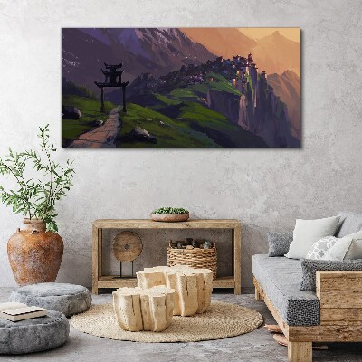 Obraz Canvas Zahmlená horská krajina s pagodou