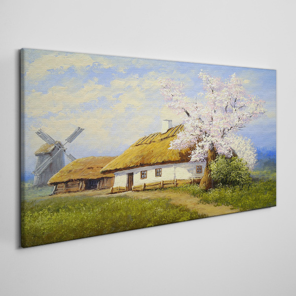 Obraz Canvas Vidiecka krajina s veterným mlynom a kvetmi