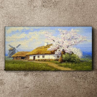 Obraz Canvas Vidiecka krajina s veterným mlynom a kvetmi