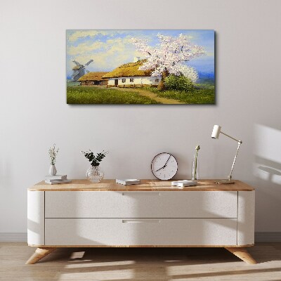 Obraz Canvas Vidiecka krajina s veterným mlynom a kvetmi