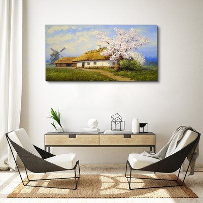 Obraz Canvas Vidiecka krajina s veterným mlynom a kvetmi
