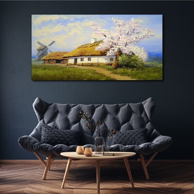 Obraz Canvas Vidiecka krajina s veterným mlynom a kvetmi