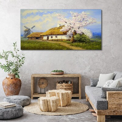 Obraz Canvas Vidiecka krajina s veterným mlynom a kvetmi