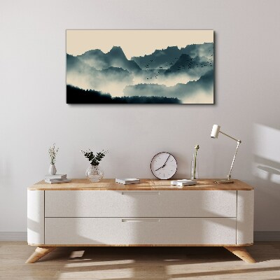 Obraz Canvas Zahmlená horská krajina s vtákmi