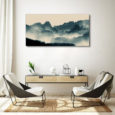 Obraz Canvas Zahmlená horská krajina s vtákmi