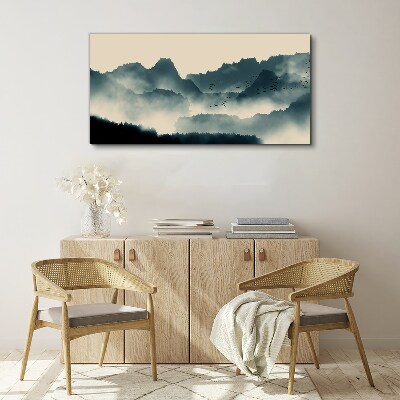 Obraz Canvas Zahmlená horská krajina s vtákmi