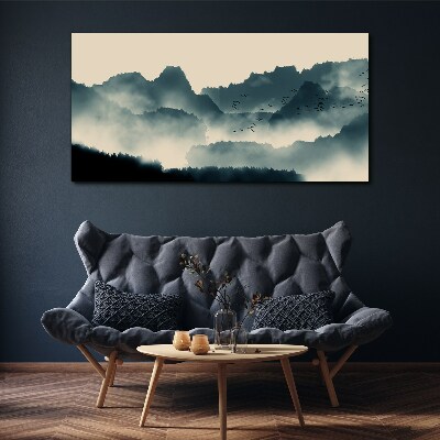 Obraz Canvas Zahmlená horská krajina s vtákmi