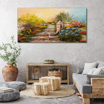 Obraz canvas Kvetinová záhrada s fontánou