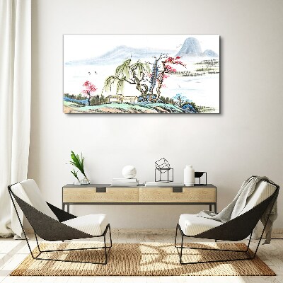 Obraz canvas Pokojná krajina so stromami a domom