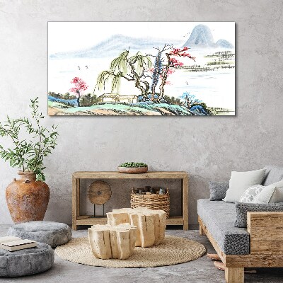 Obraz canvas Pokojná krajina so stromami a domom