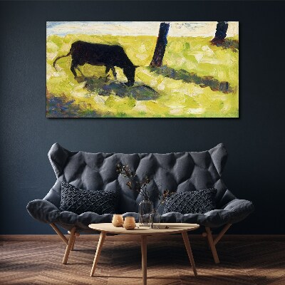 Obraz Canvas Čierna krava v seuratové lúke