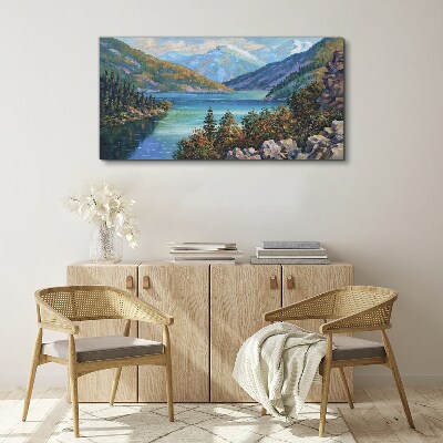 Obraz Canvas Maľovanie hory jazero