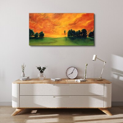 Obraz Canvas Západ slnka nad zeleným kopcom