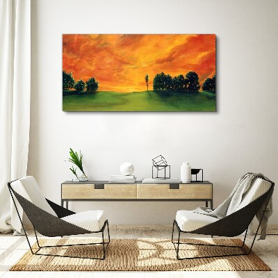 Obraz Canvas Západ slnka nad zeleným kopcom