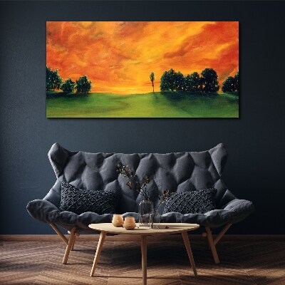 Obraz Canvas Západ slnka nad zeleným kopcom